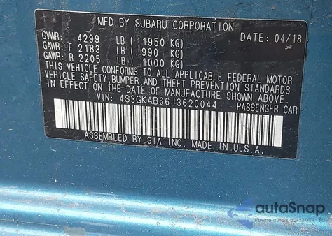 2018 Subaru Impreza 2.0I Premium from USA, damaged, VIN 4S3GKAB66J3620044